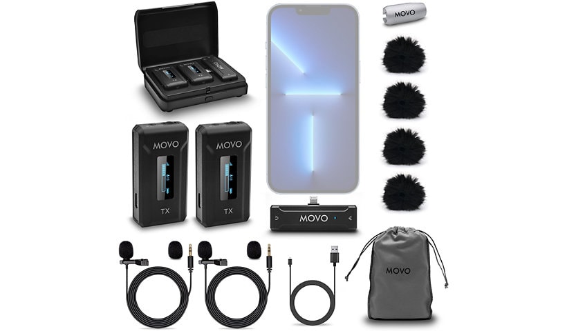 Movo Dual Wireless Lavalier System Microphone with Charging Case for iPhone