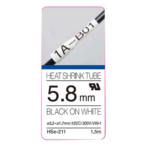 Brother 5.8mmx1.5m Heat Shrink Tube Label Tape - Black on White