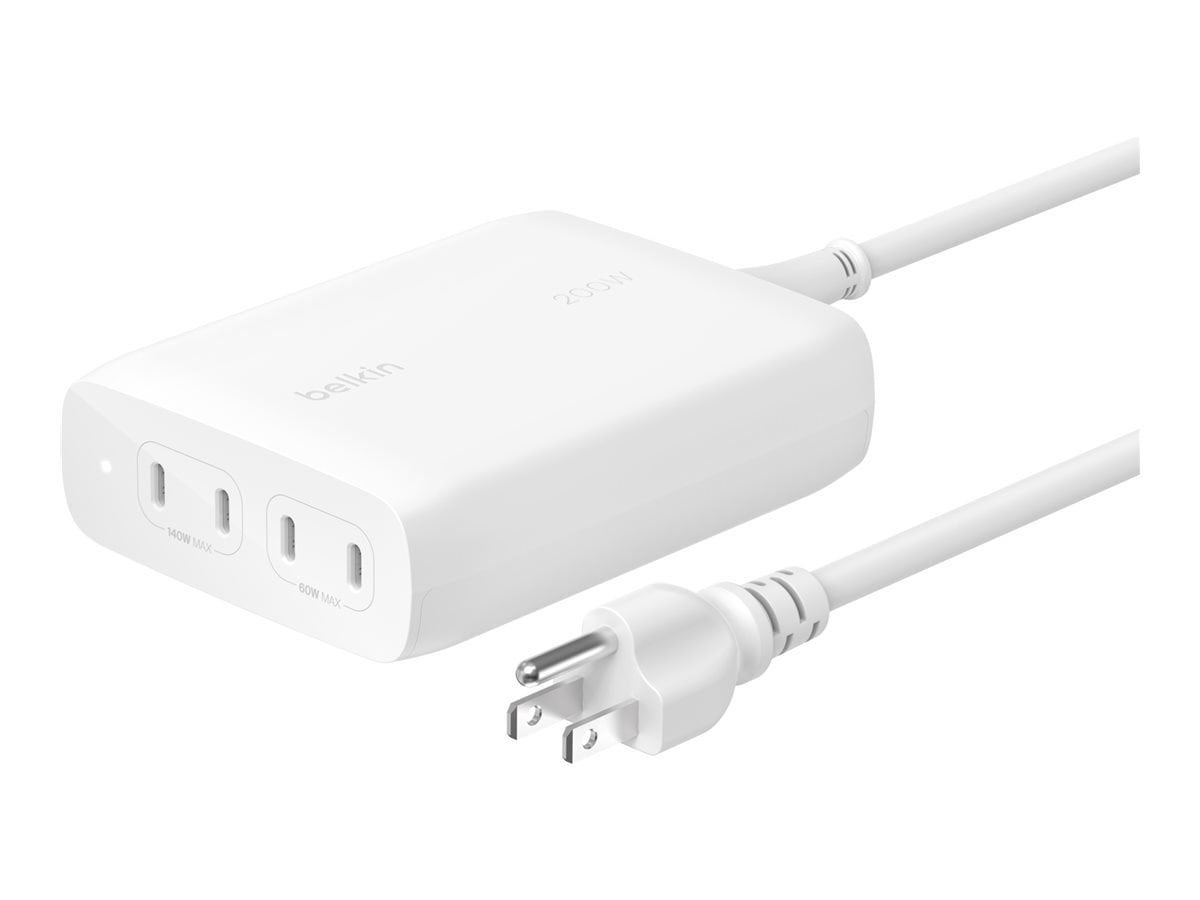 Belkin 200W 4-Port GaN Charger - USB 3.1 - 4xUSB-C - w/ 1.5m/5ft Detachable Cord - Fast Charging - White