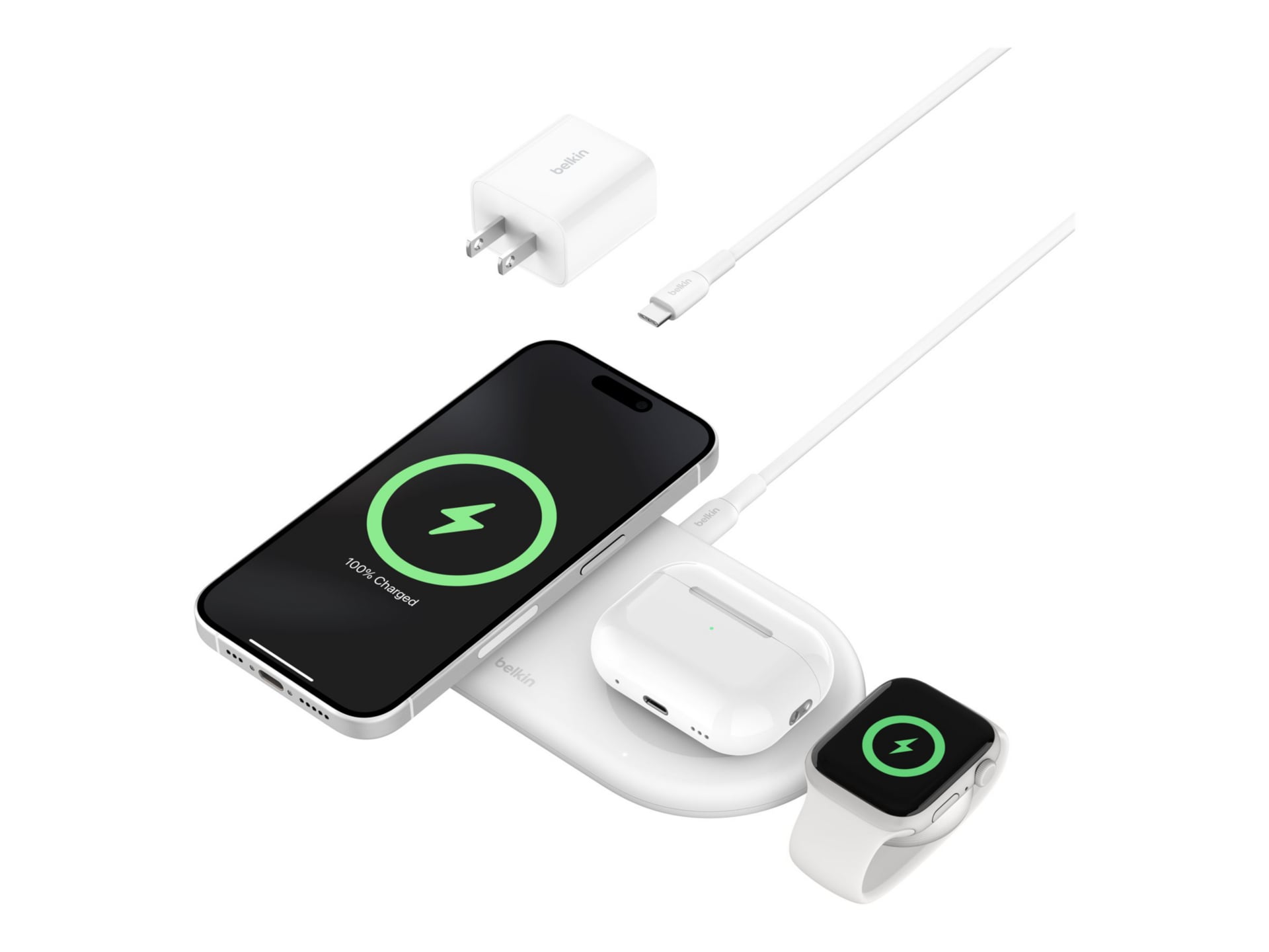 Belkin 15W 3-in-1 Wireless Magnetic Qi2 Charging Pad for iPhone, Apple Watch, Airpods - Charging Station - White