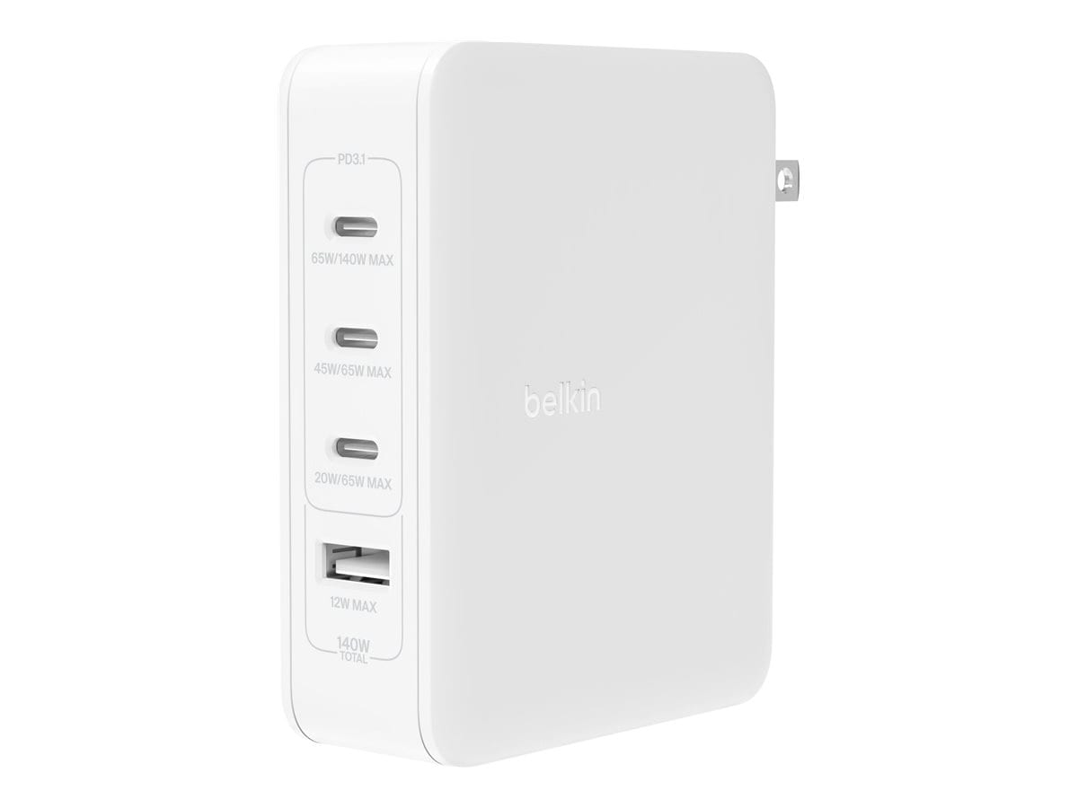Belkin 140 Watt 4-Port GaN Wall Charger, USB-C PD Fast Charge and USB-A for Apple, iPhone, iPad Pro, Samsung and Google