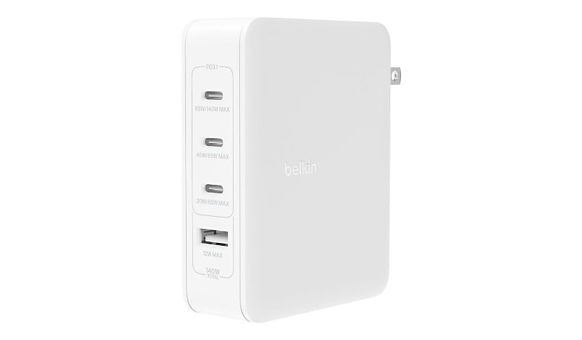 Belkin 140 Watt 4-Port GaN Wall Charger, USB-C PD Fast Charge and USB-A for Apple, iPhone, iPad Pro, Samsung and Google