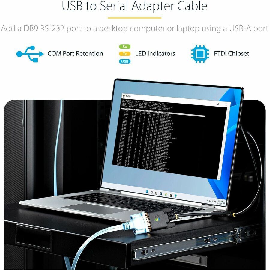 Thumbnail 3 of 9 for StarTech.com 10ft/3m USB to Serial Adapter Cable, COM Retention, FTDI, RS232, Changeable Screw/Nuts, Windows/macOS/Linux