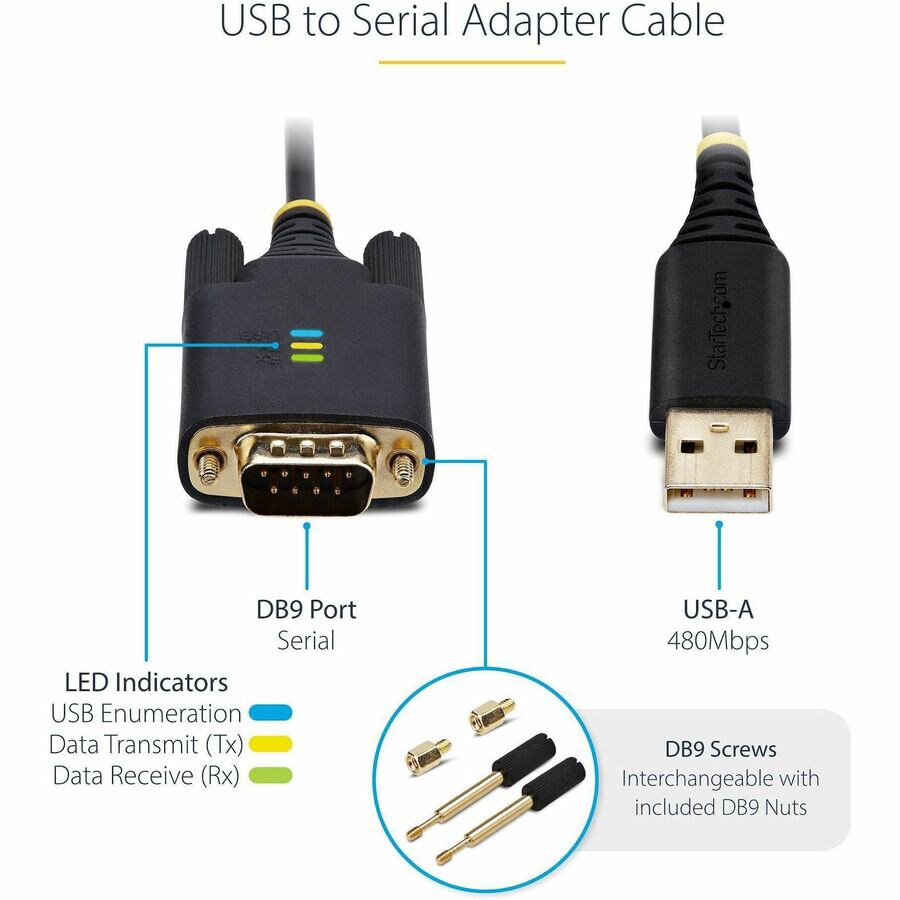 Thumbnail 5 of 9 for StarTech.com 10ft/3m USB to Serial Adapter Cable, COM Retention, FTDI, RS232, Changeable Screw/Nuts, Windows/macOS/Linux