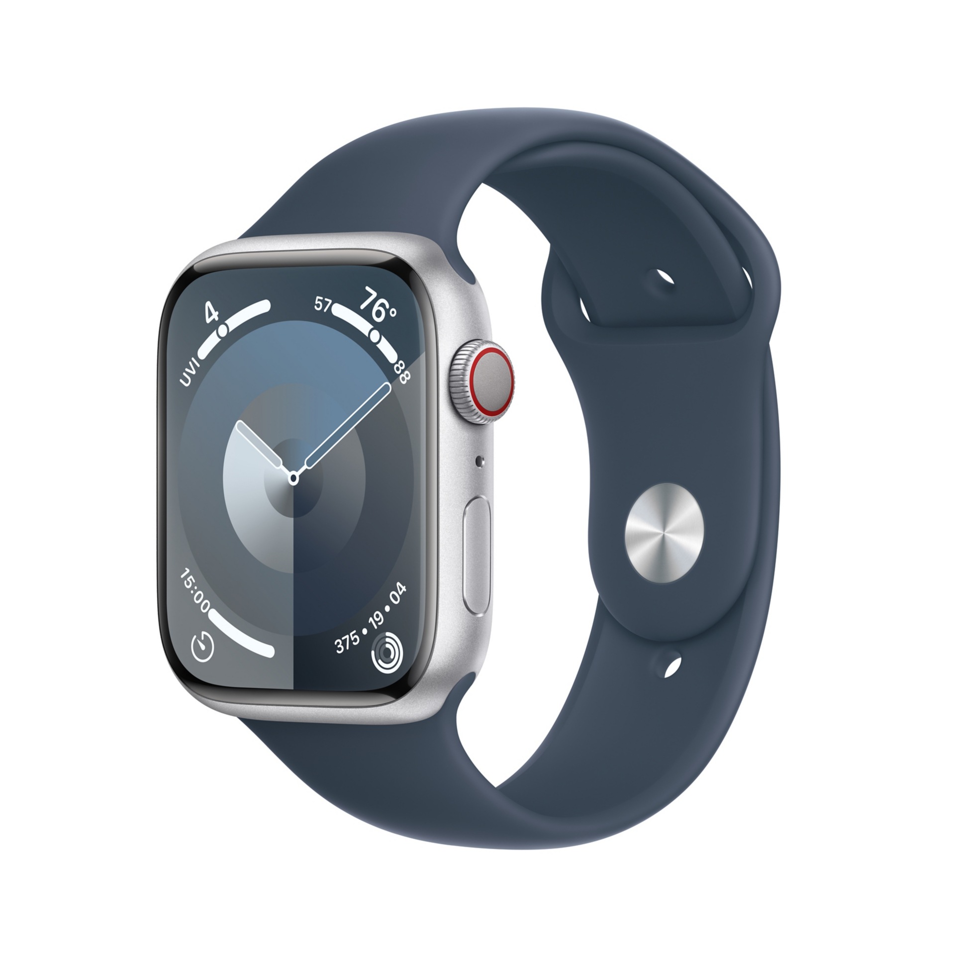 Apple Watch Series 9 (GPS + Cellular) - 45mm Silver Aluminum Smartwatch with S/M Storm Blue Sport Band - 64 GB