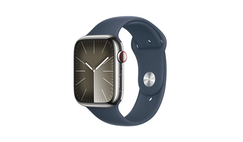 Apple Watch Series 9 (GPS + Cellular) - 45mm Silver Stainless Steel Case with M/L Storm Blue Sport Band - 64 GB