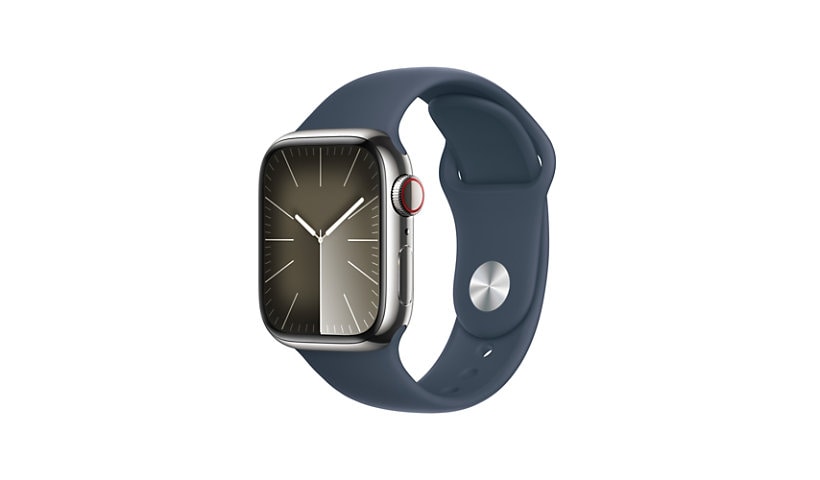 Apple Watch Series 9 (GPS + Cellular) - 41mm Silver Stainless Steel Case with M/L Storm Blue Sport Band - 64 GB