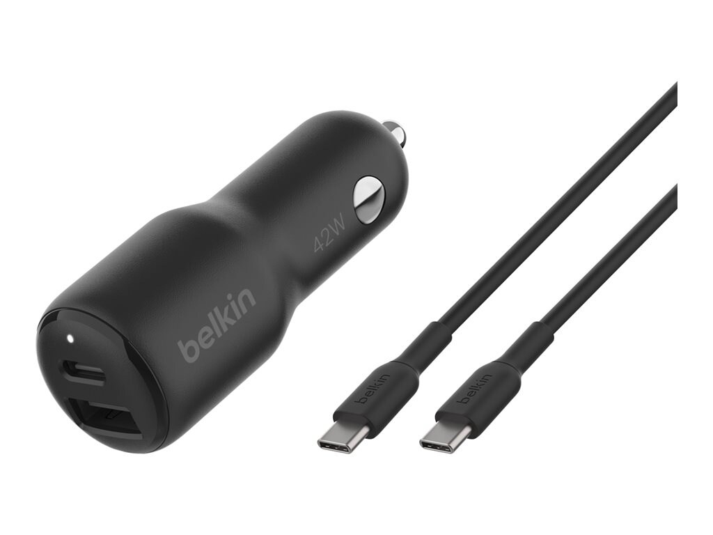 Belkin Dual-Port USB Car Charger 42W - 1xUSB-C 1xUSB-A - PD Charging with 3.3ft USB-C to USB-C Cable