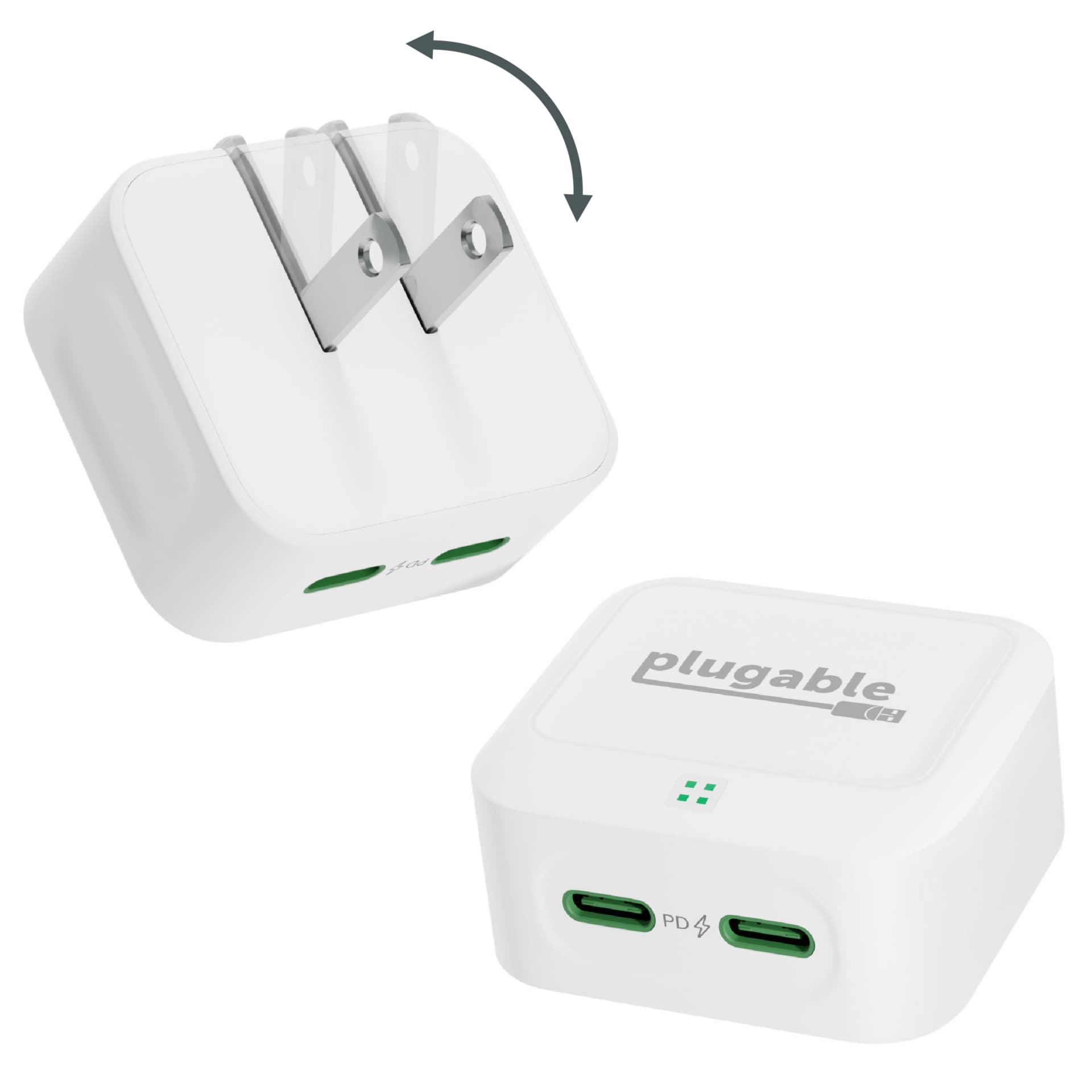 Plugable Dual USB C Wall Charger, 40W Foldable 2-Port Flat USB C Fast Charger Block, USB-C Power Adapter - White