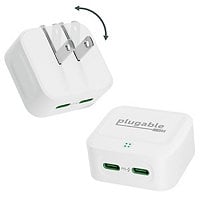 Plugable Dual USB C Wall Charger, 40W Foldable 2-Port Flat USB C Fast Charger Block, USB-C Power Adapter - White