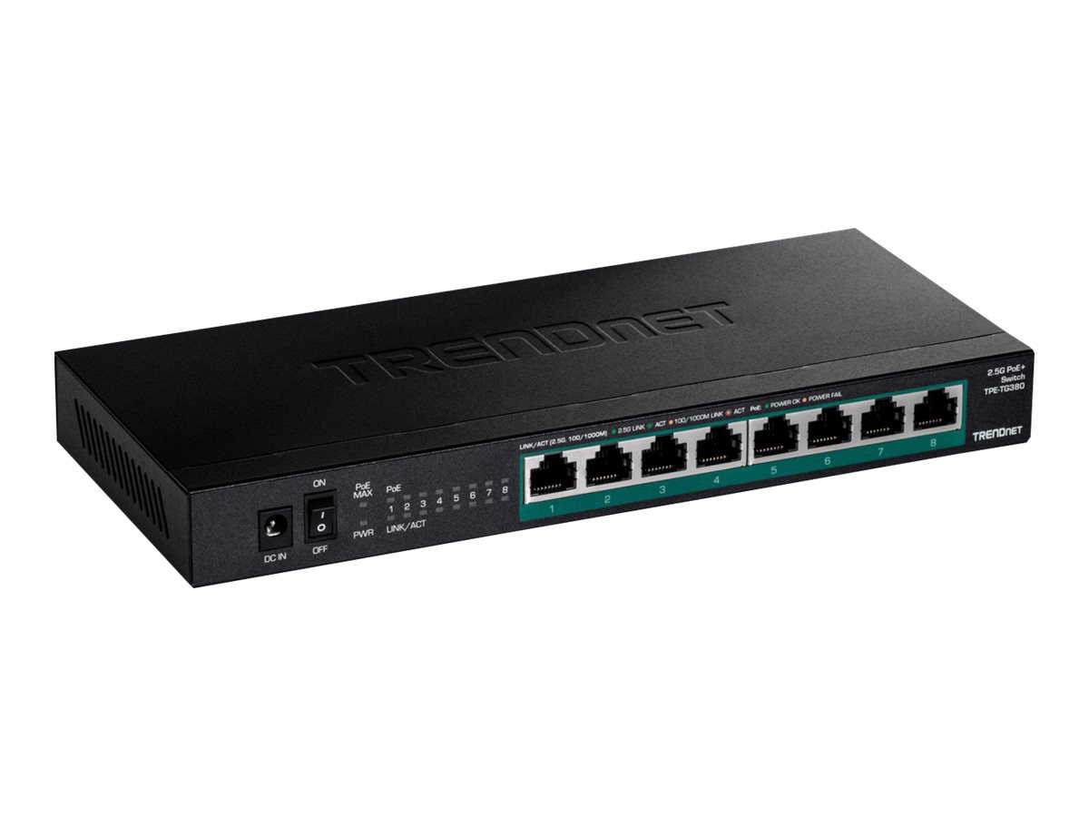 TRENDnet 8-Port Unmanaged 2.5G PoE+ Switch, TPE-TG380, Fanless, Compact Desktop Design, Metal Housing, 2.5GBASE-T Ports,