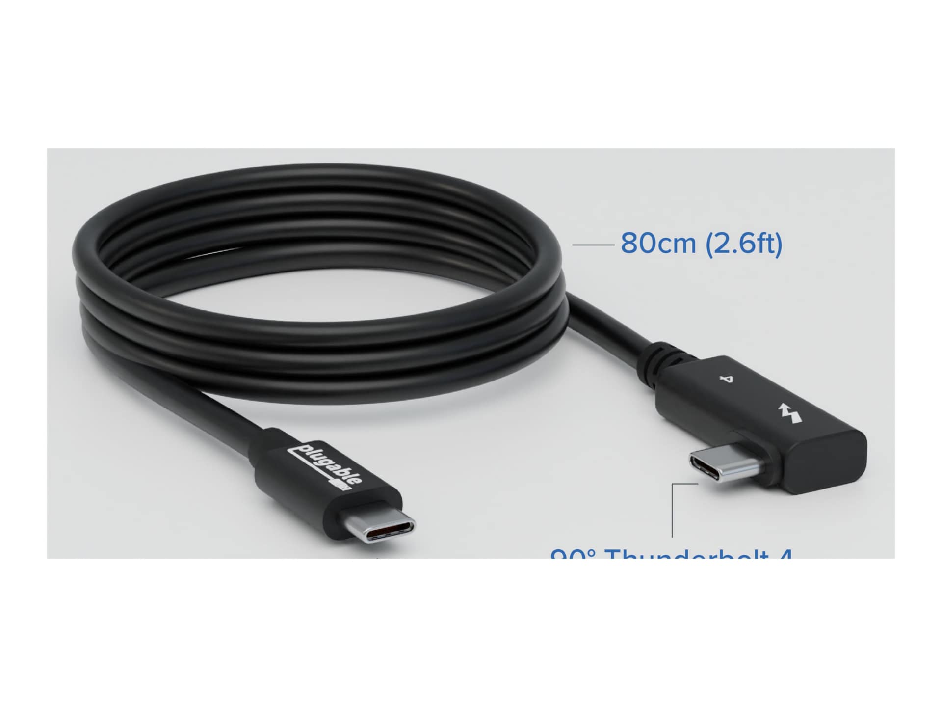 Plugable Thunderbolt 4 Cable Right Angle 40Gbps with 240W EPR Charging, 8K Display, Intel Certified 2.6 Feet (80CM)