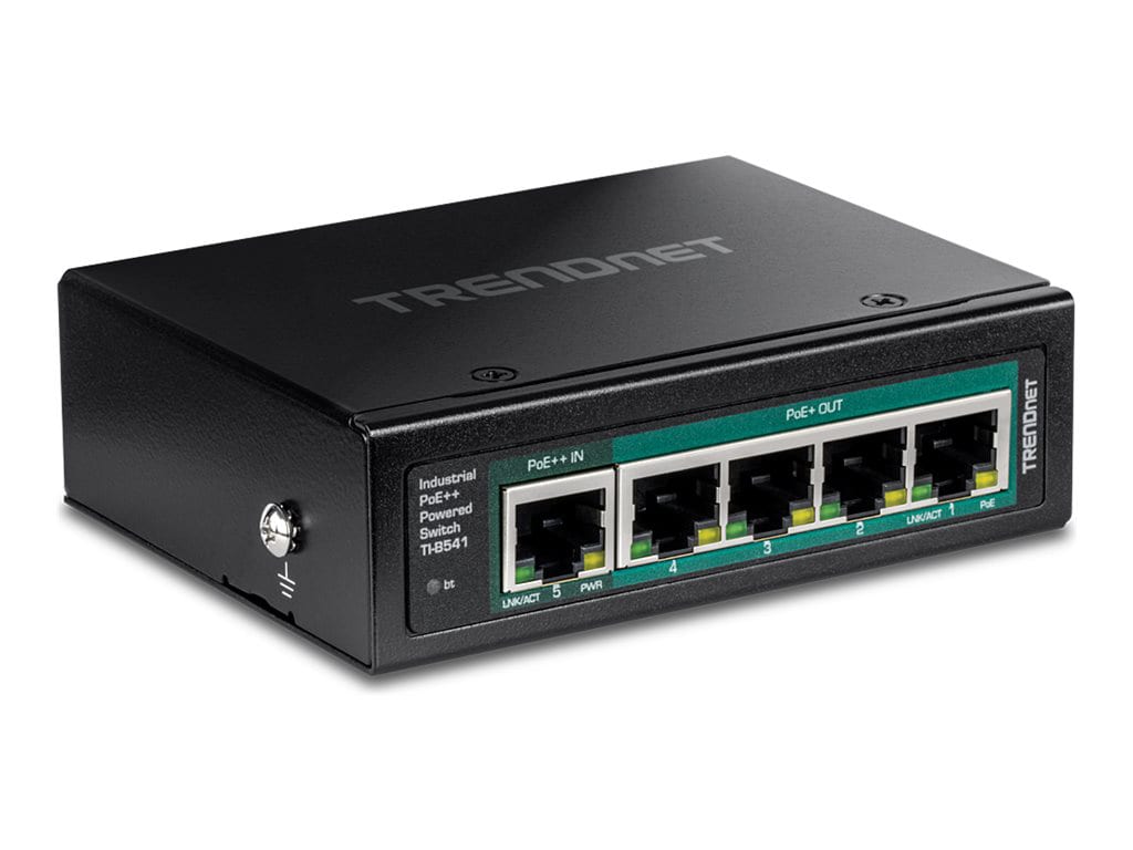 TRENDnet TI-B541, 5-Port Industrial Gigabit PoE++ Powered DIN-Rail Switch with PoE Pass-Through, Lifetime Protection,