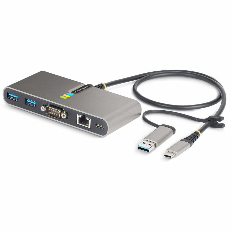 StarTech.com 2-Port USB-C Hub with Gb Ethernet and RS232 FTDI Serial, Attached USB-C to USB-A Dongle, 100W PD