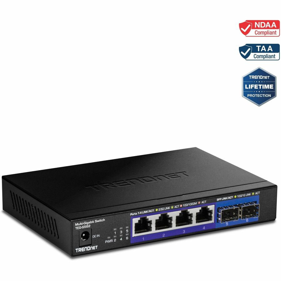 TRENDnet 6-Port Unmanaged Multi-Gig Switch, 4 x 2.5GBASE-T Ports, 2 x 10G SFP+ Ports Fanless, Compact Desktop Design,