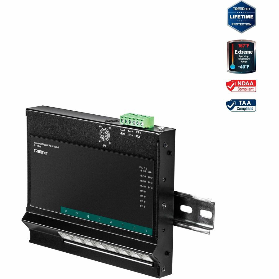 TRENDnet 8-Port Industrial Gigabit Poe+ Wall-Mounted Front Access Switch; 8