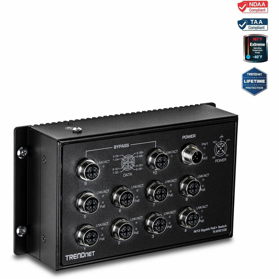 TRENDnet 10-Port Industrial EN 50155 M12 Gigabit PoE+ Railway Switch