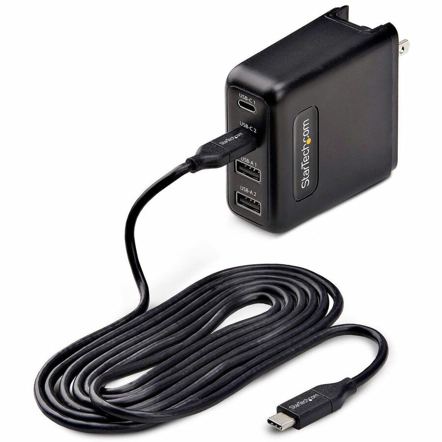 StarTech.com 100W USB-C Wall Charger, 2x USB-C/2x USB-A, Quick Charging GaN Power Adapter, PD 3.0, 6ft USB-C Cable