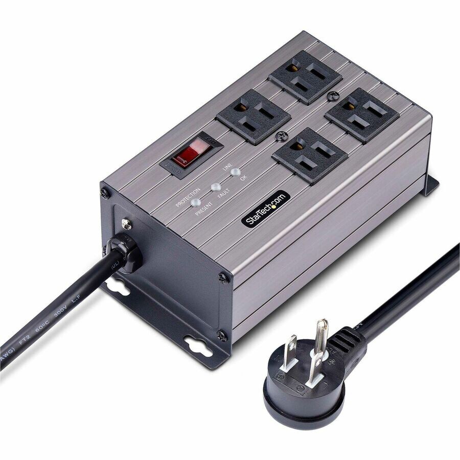 StarTech.com 4-Outlet Industrial Power Strip, EMI/RFI Isolation, Mountable PDU, Attached 8ft/2.4m Cord, NEMA 5-15P/R