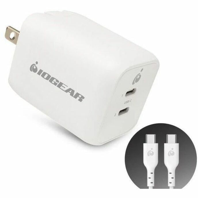 IOGEAR GearPower Dual USB-C 65W Charger, PPS, GaN, 2 port , USB-C Cable, iPhone 15, Samsung, Macbook Pro/Air, iPad Pro,