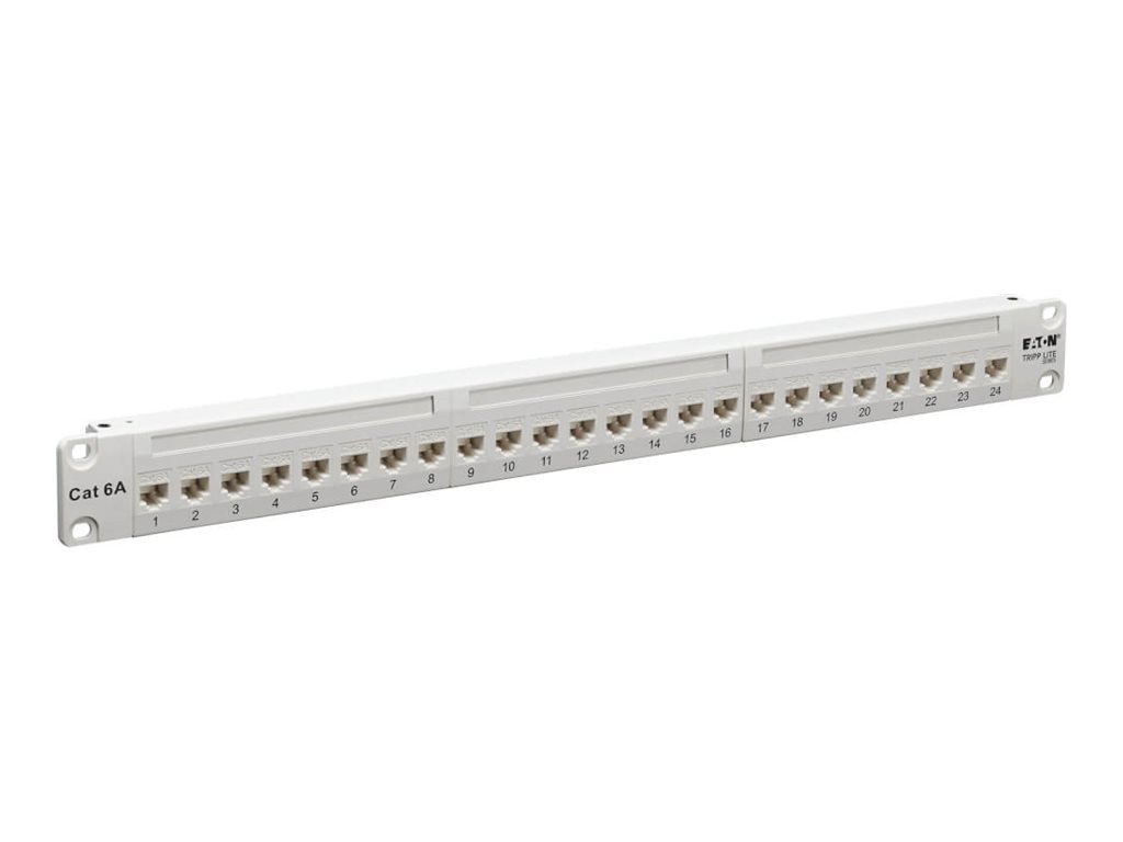 Eaton Tripp Lite series Cat6a Feed-Through Patch Panel 24-Port 4PPoE Compliant 1U RJ45 White TAA