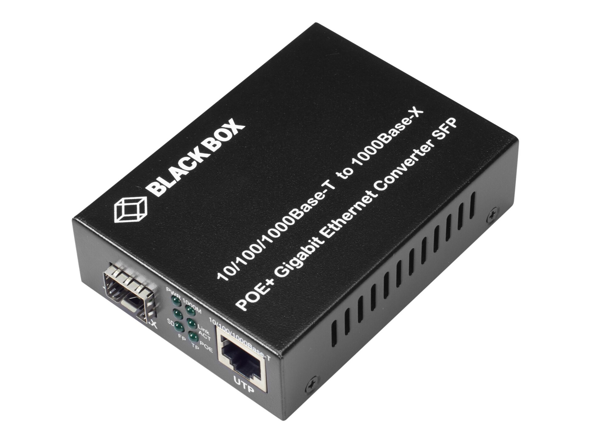 Black Box Pure Networking Copper to Fiber Media Converter 10/100/1000BASE-T Copper to 1000BASE-X SFP PoE+ - fiber media