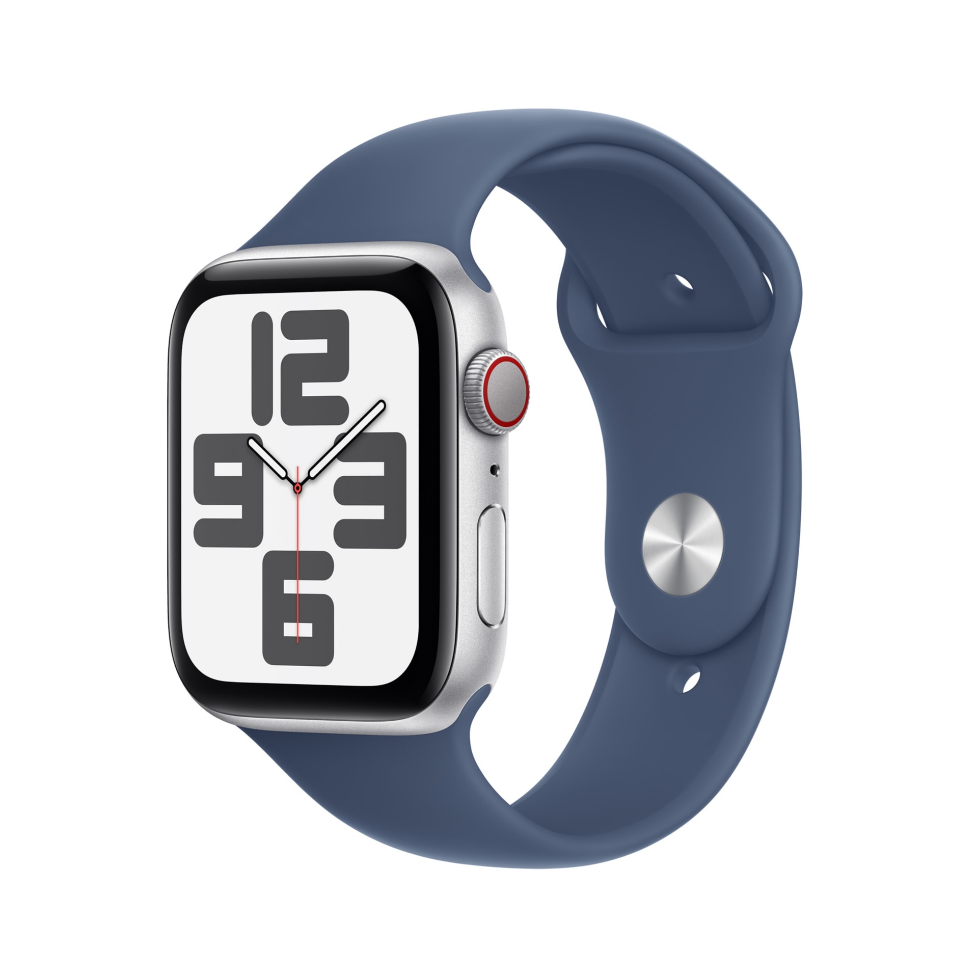 Apple Watch SE 2nd generation (GPS + Cellular) - 44mm Silver Aluminum Smartwatch - M/L Denim Sport Band - 32 GB - 2024