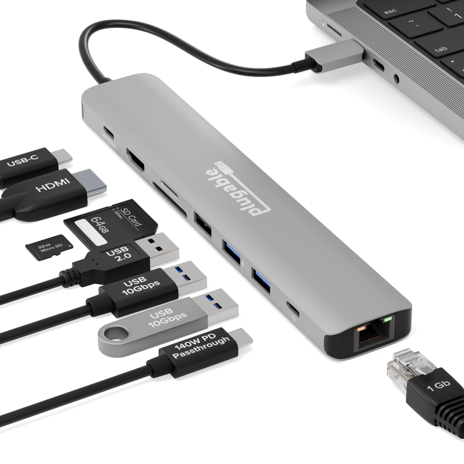 Plugable USB C 9-in-1 Hub Multiport Adapter - 140W Power Delivery - 4K 60Hz HDMI -Thunderbolt MacBook Windows Chromebook