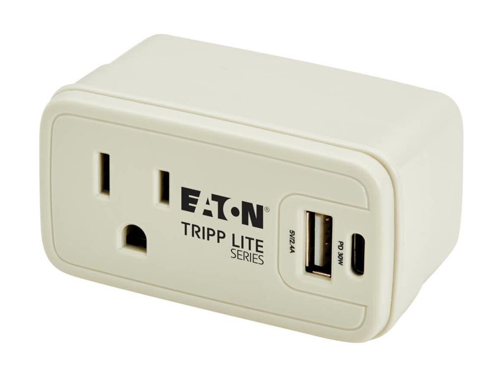 Eaton Tripp Lite series Travel Charger and Power Strip 1-Outlet 5-15R USB-C/USB-A Ports 32W Charging Direct Plug-In Gray