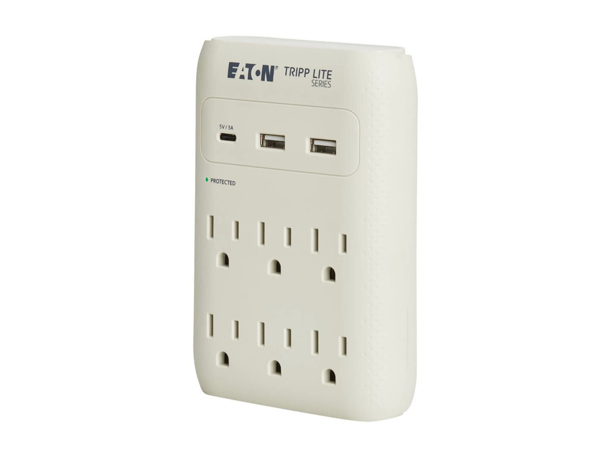 Eaton Tripp Lite series Surge Protector 6-Outlet 5-15R Outlets USB-C and USB-A Ports 5-15P Direct Plug-In Gray