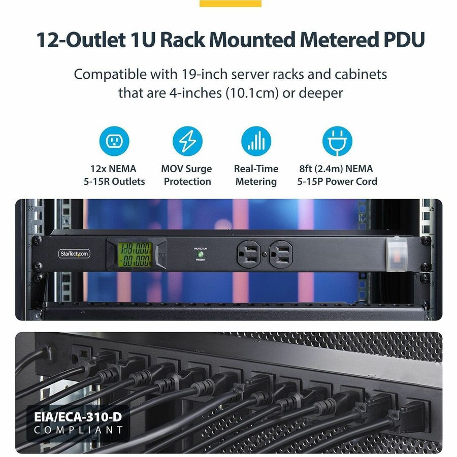 Thumbnail 2 of 6 for StarTech.com 12-Outlet Horizontal Rack Mount PDU, 1U Server Power Strip w/Surge Protector, 125V/15A, 8ft Cable, TAA