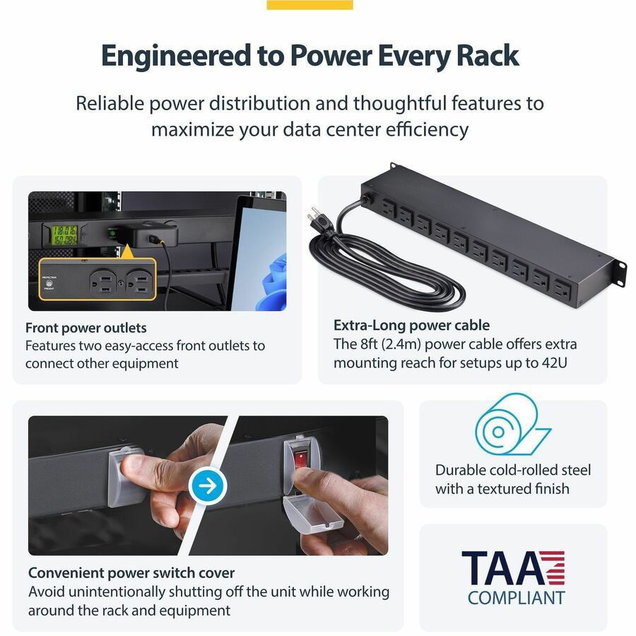 Thumbnail 4 of 6 for StarTech.com 12-Outlet Horizontal Rack Mount PDU, 1U Server Power Strip w/Surge Protector, 125V/15A, 8ft Cable, TAA