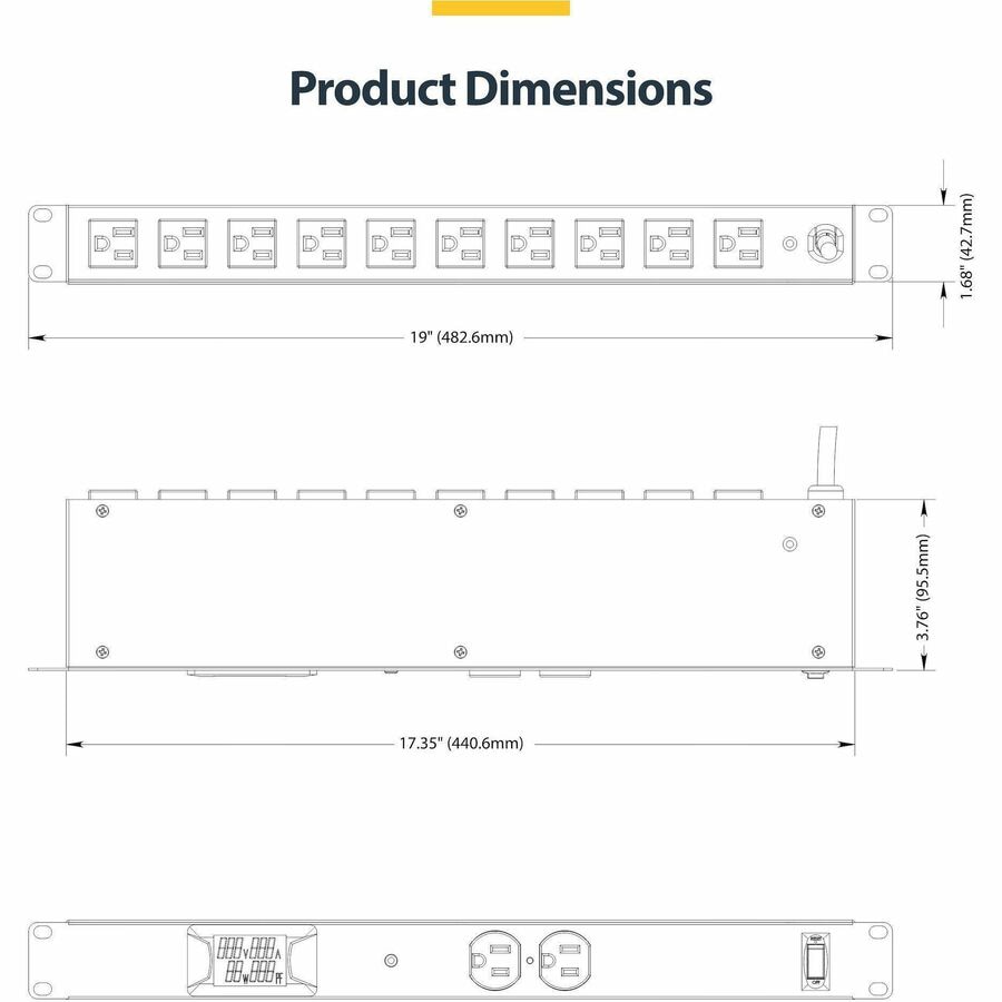 Thumbnail 5 of 6 for StarTech.com 12-Outlet Horizontal Rack Mount PDU, 1U Server Power Strip w/Surge Protector, 125V/15A, 8ft Cable, TAA
