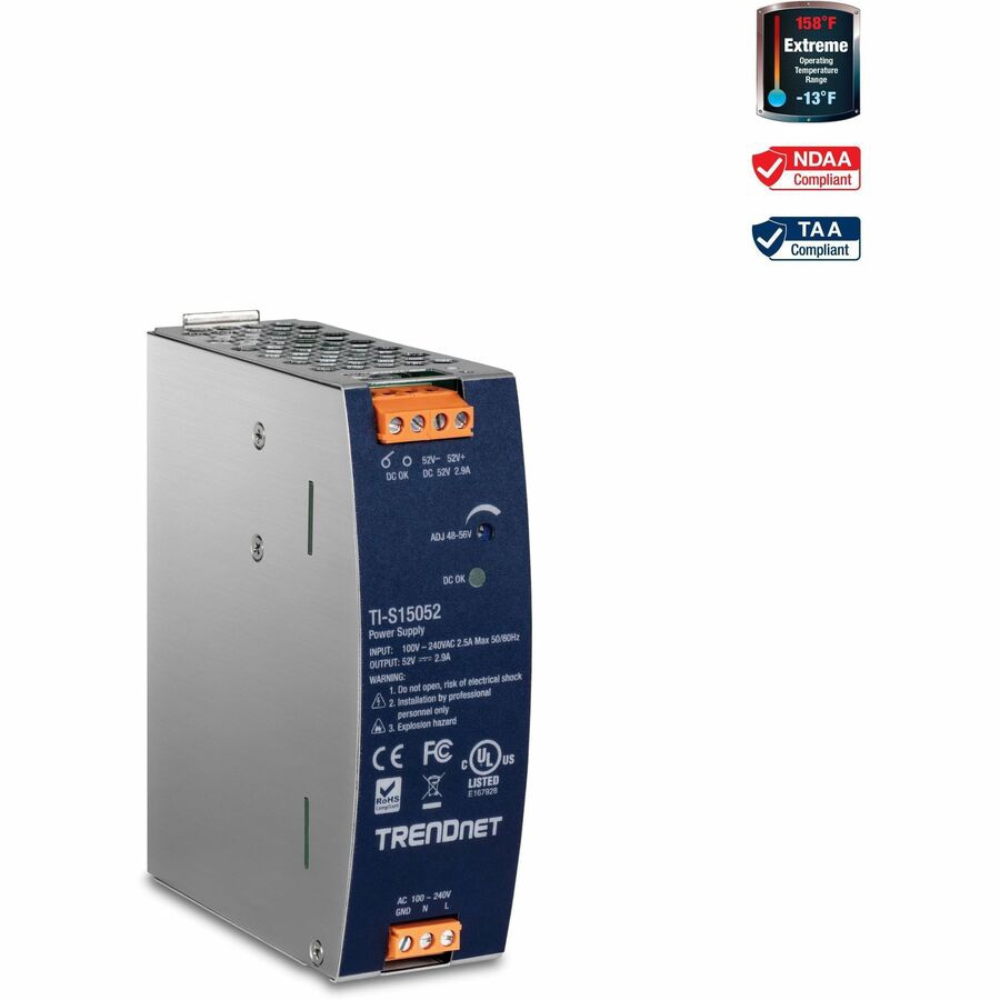 TRENDnet 150W, 52V DC, 2.89A AC to DC DIN-Rail Power Supply, TI-S15052, Ind