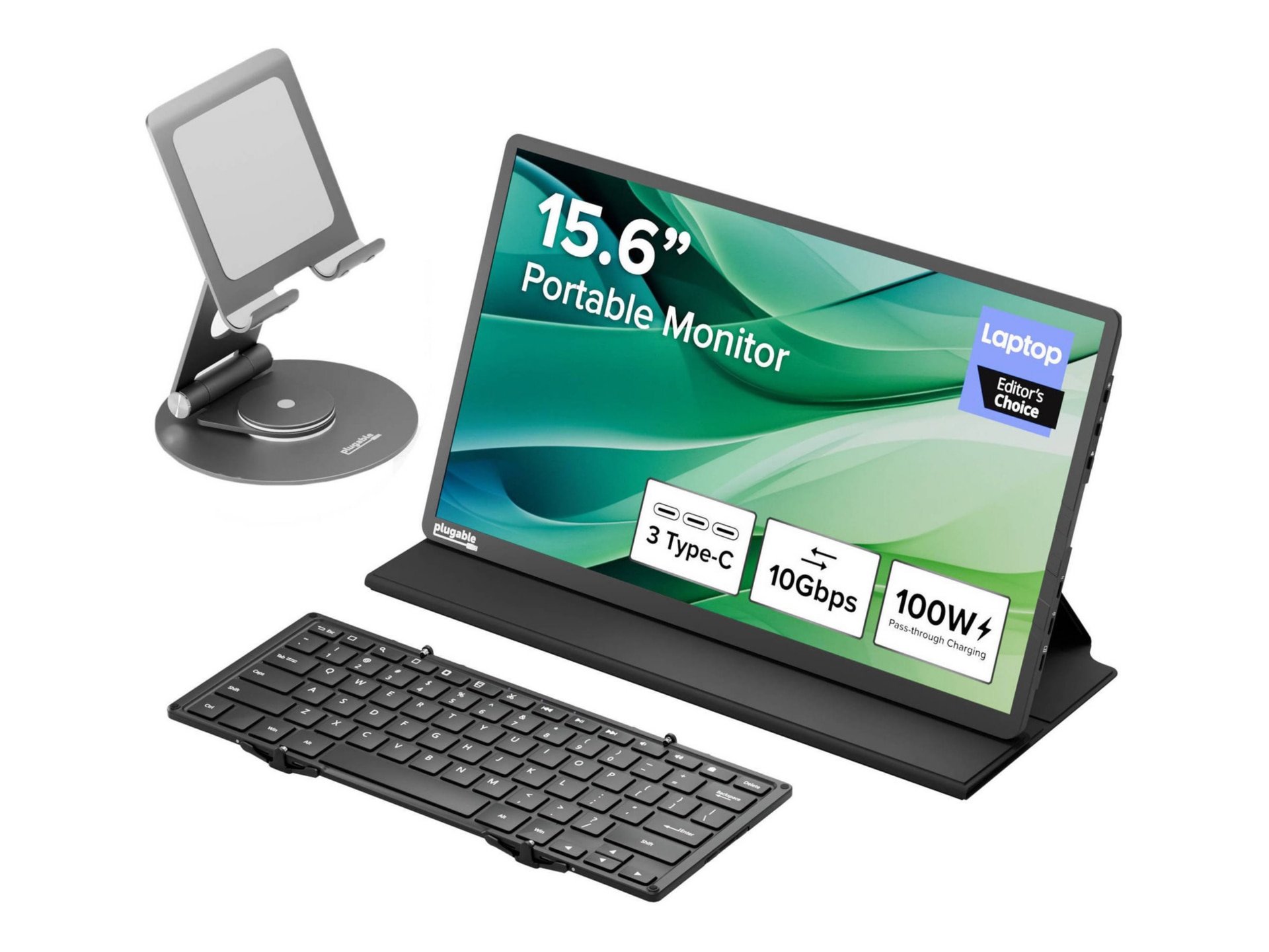Plugable’s award winning TAA Compliant portable monitor (USBC-PDMON),stand(PT-STAND1) and portable keyboard(BT-KEY3XL)