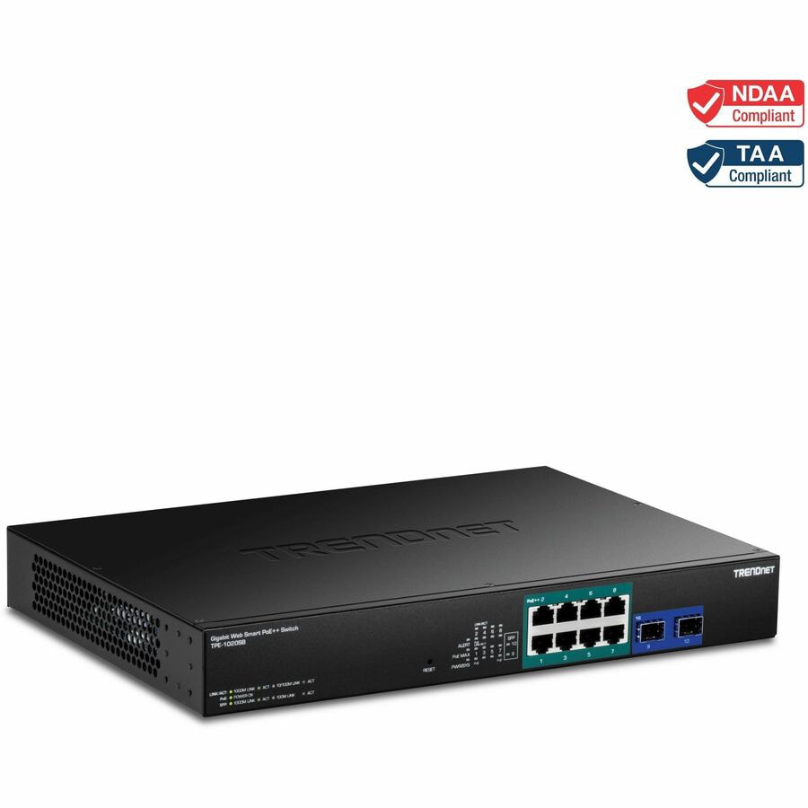 TRENDnet 10-Port Gigabit Web Smart PoE++ Switch, TPE-1020SB, 8 x Gigabit 95W PoE++ Ports, 2 Gigabit SFP Ports, 180W PoE
