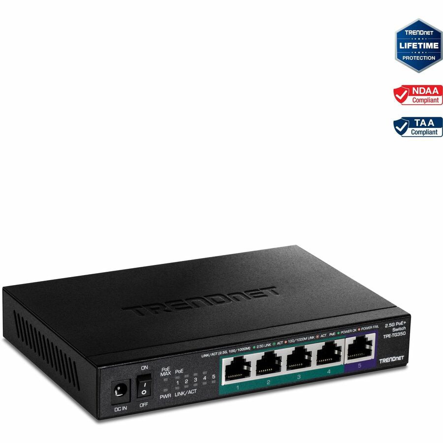 TRENDnet 5-Port Unmanaged 2.5G PoE+ Switch, Fanless, Compact Desktop Design