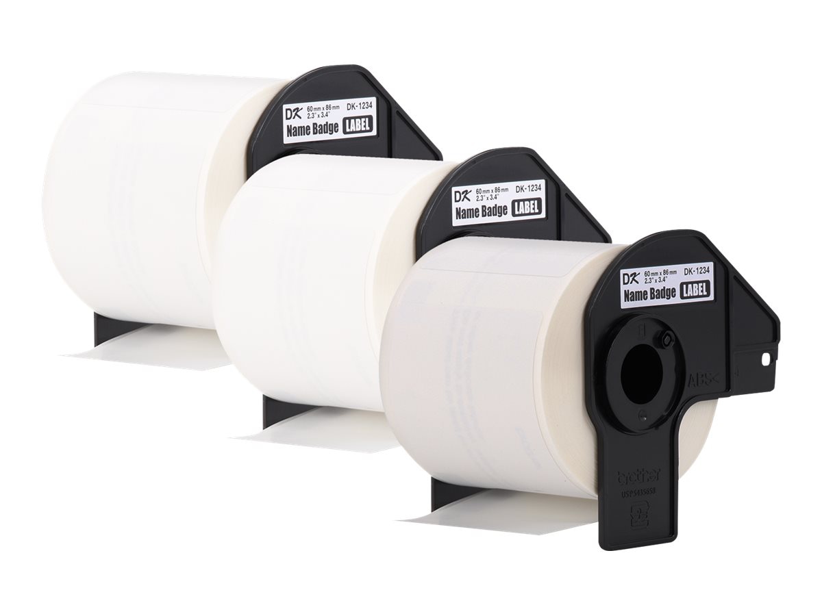 Brother DK-12343PK Die-Cut Paper Labels - 2.3" x 3.4" Black Print on White Adhesive Name Badge Label - 3 Pack