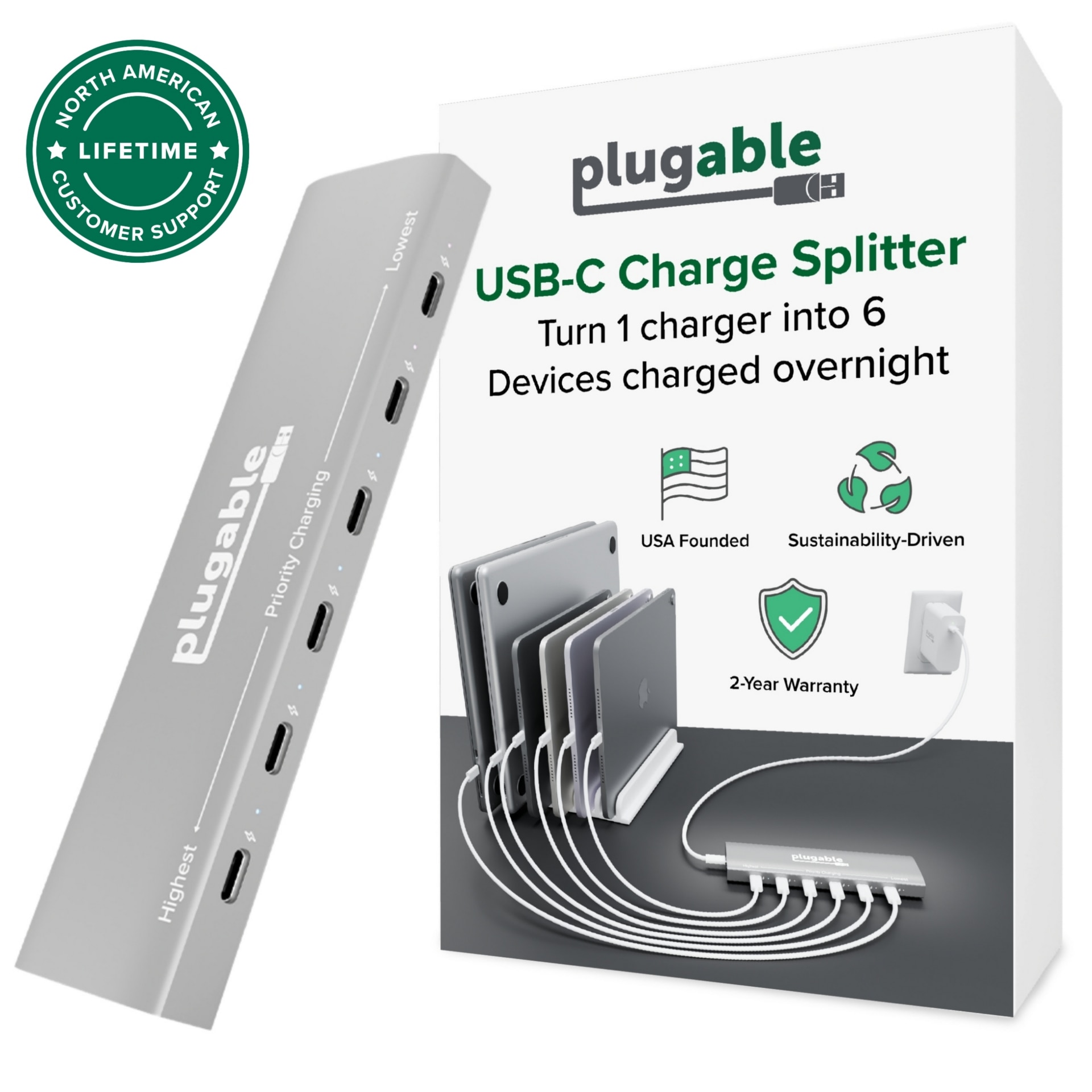 Plugable 6 Port USB C Charging Station, Up to 100W Charger for Multiple Devices with Priority Charging