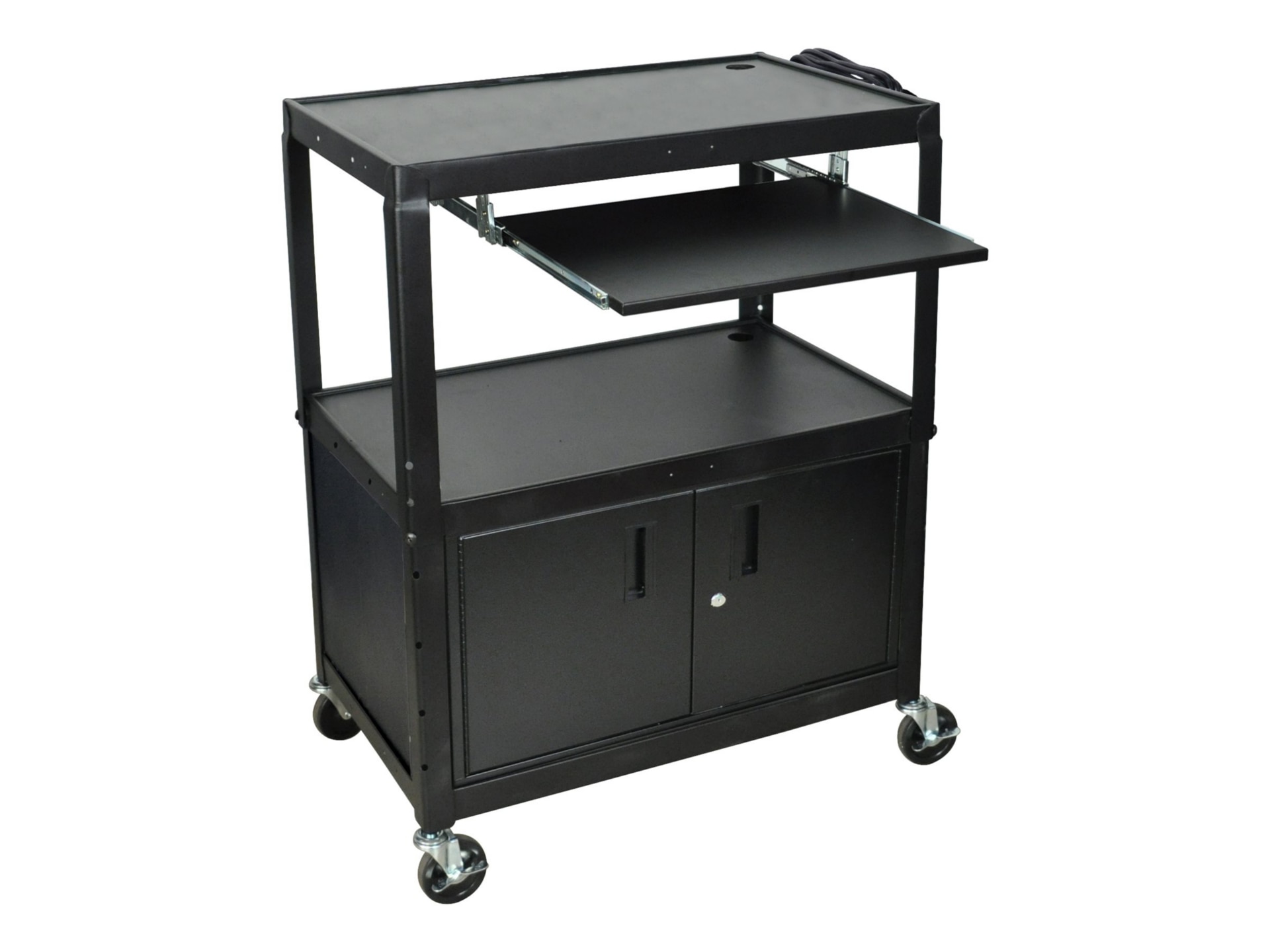 Luxor LEADER Adjustable-Height Three-Shelf Media Utility Cart w Pullout Tray and Drop Leaf Shelves - 24" x 18" - Black