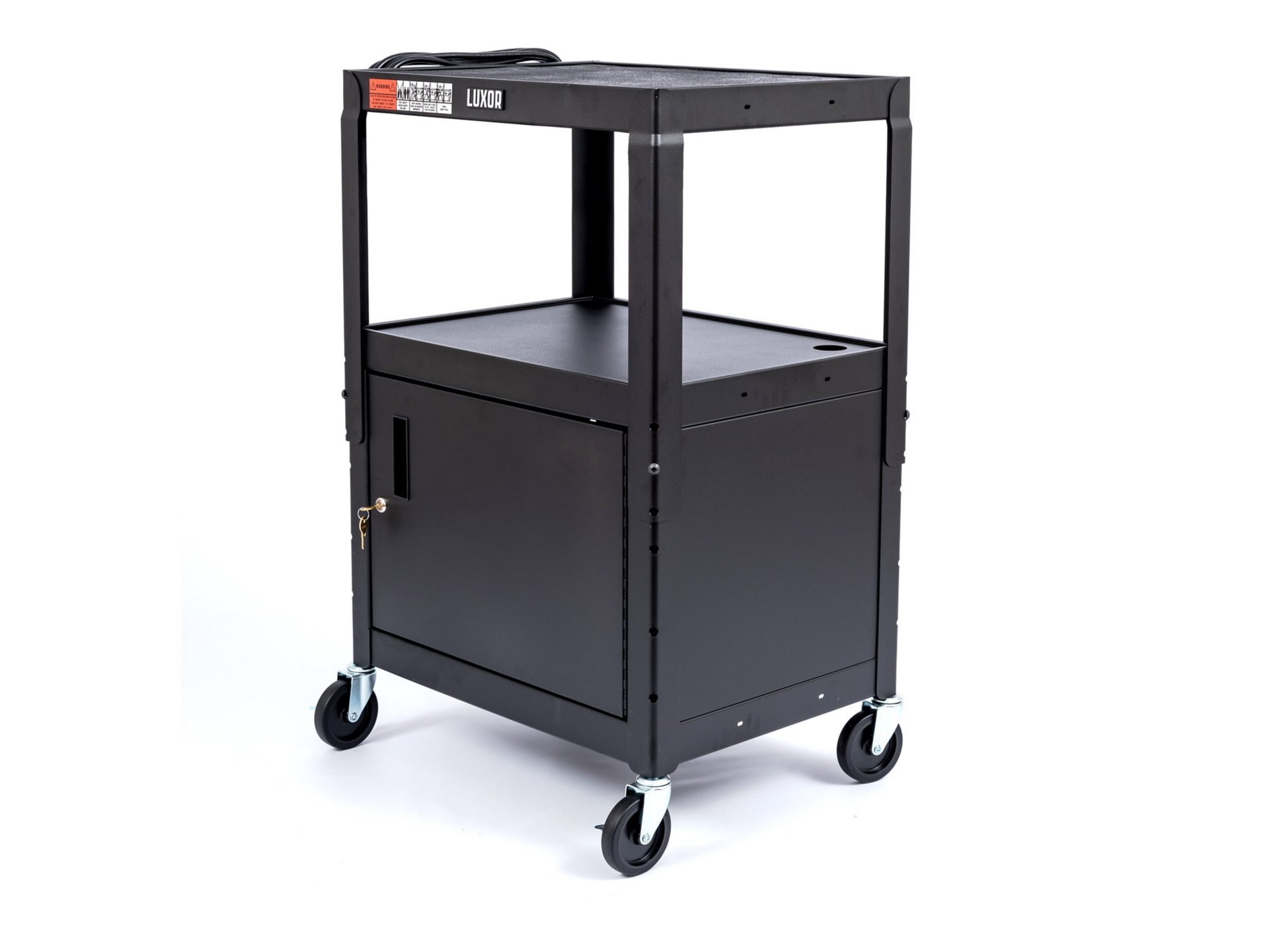 Luxor LEADER Adj-Height 3-Shelf Media Utility Cart w Locking Cabinet