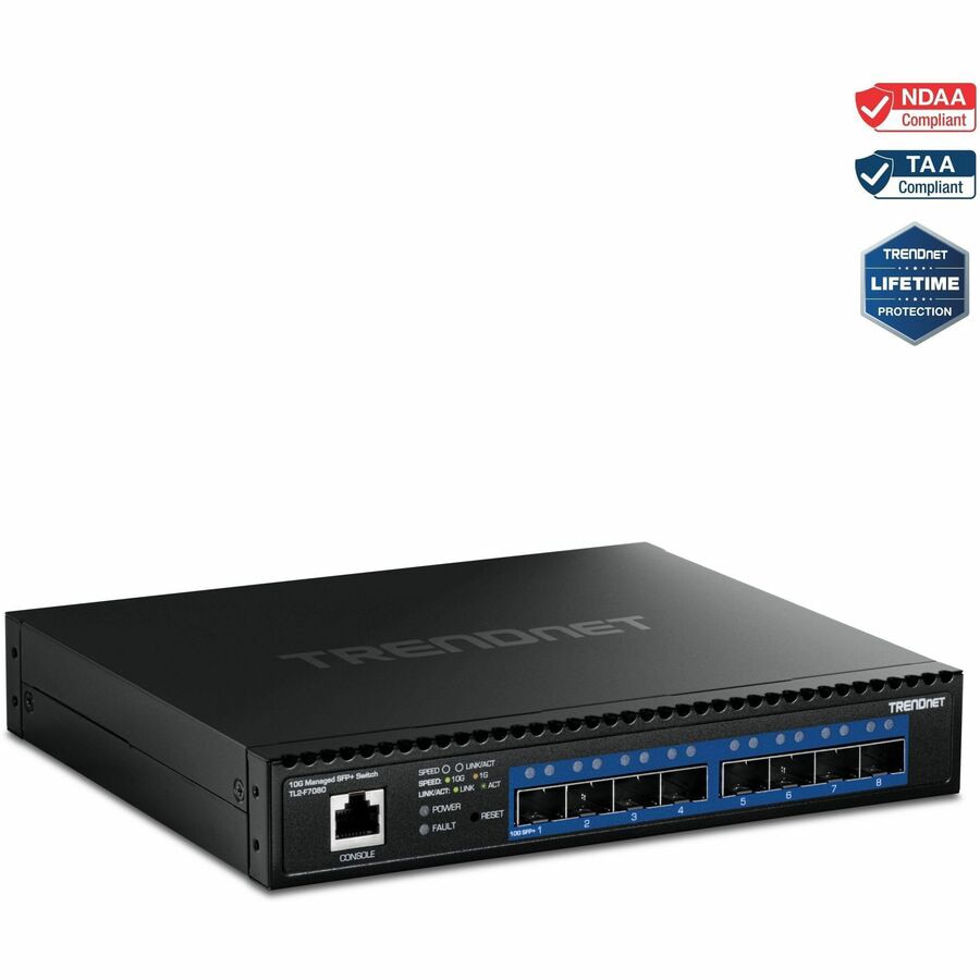 TRENDnet 8-Port 10G Layer 2 Managed SFP+ Switch, TL2-F7080, 8 x 10G SFP+ Po