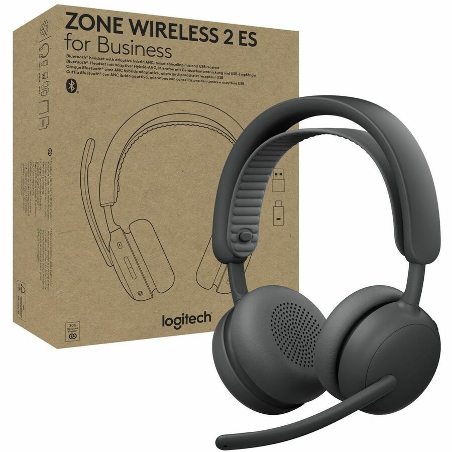 Logitech Zone Wireless 2 ES for Business - Binaural Headset - Microsoft Teams - USB-C receiver, USB-A Adapter - Graphite