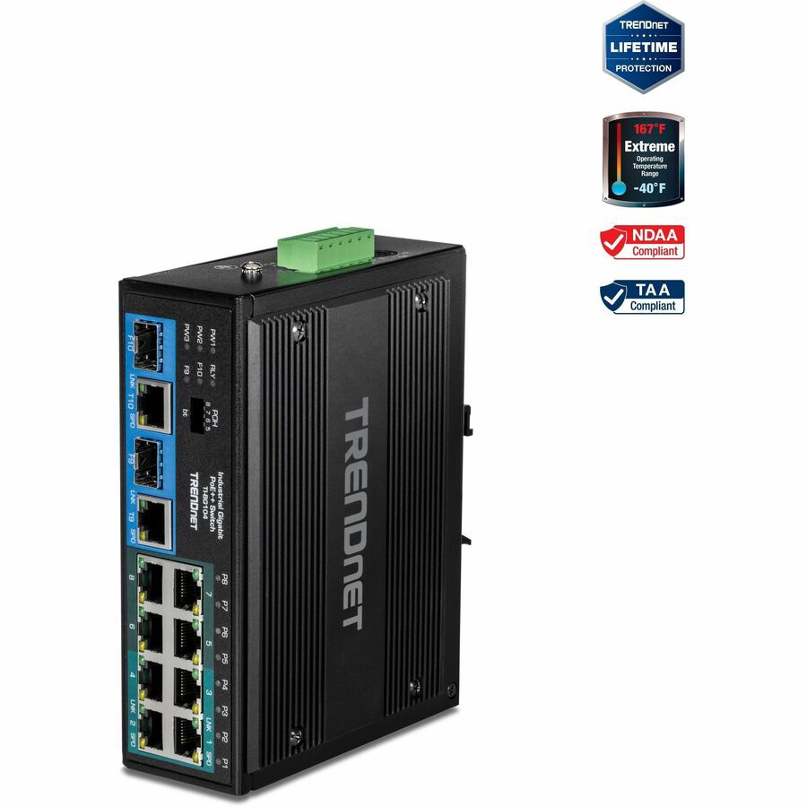TRENDnet 10-Port Hardened Industrial Unmanaged Gigabit PoE ++ DIN-Rail Swit