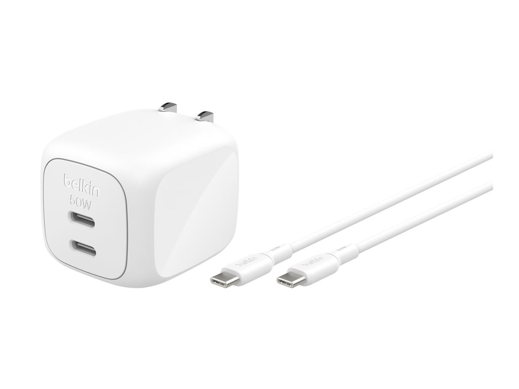 Belkin 50W Portable 2-Port USB-C Wall Charger w/ USB-C Cable - 2xUSB-C - Fo