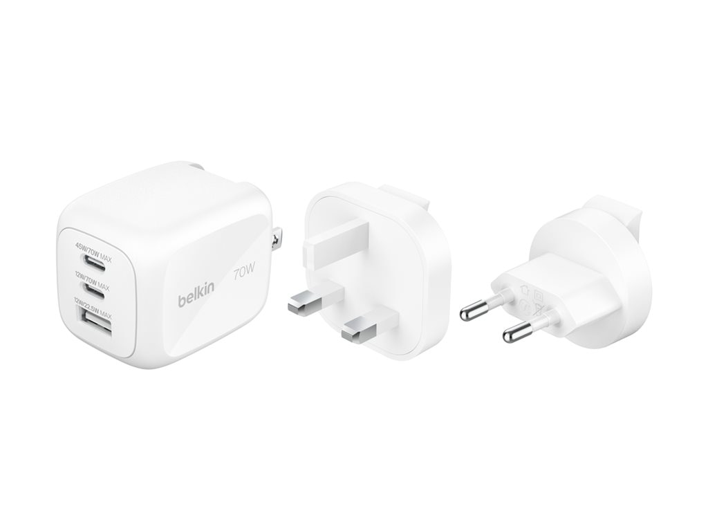 Belkin 70W GaN 3-Port USB Wall Charger - 1xUSB-A, 2xUSB-C - Foldable Prongs