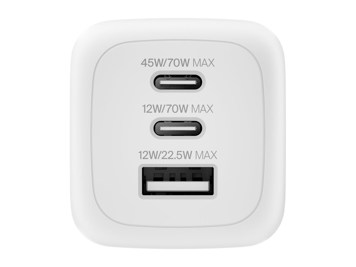 Belkin 70W GaN 3-Port USB Wall Charger - 1xUSB-A, 2xUSB-C - Foldable Prongs