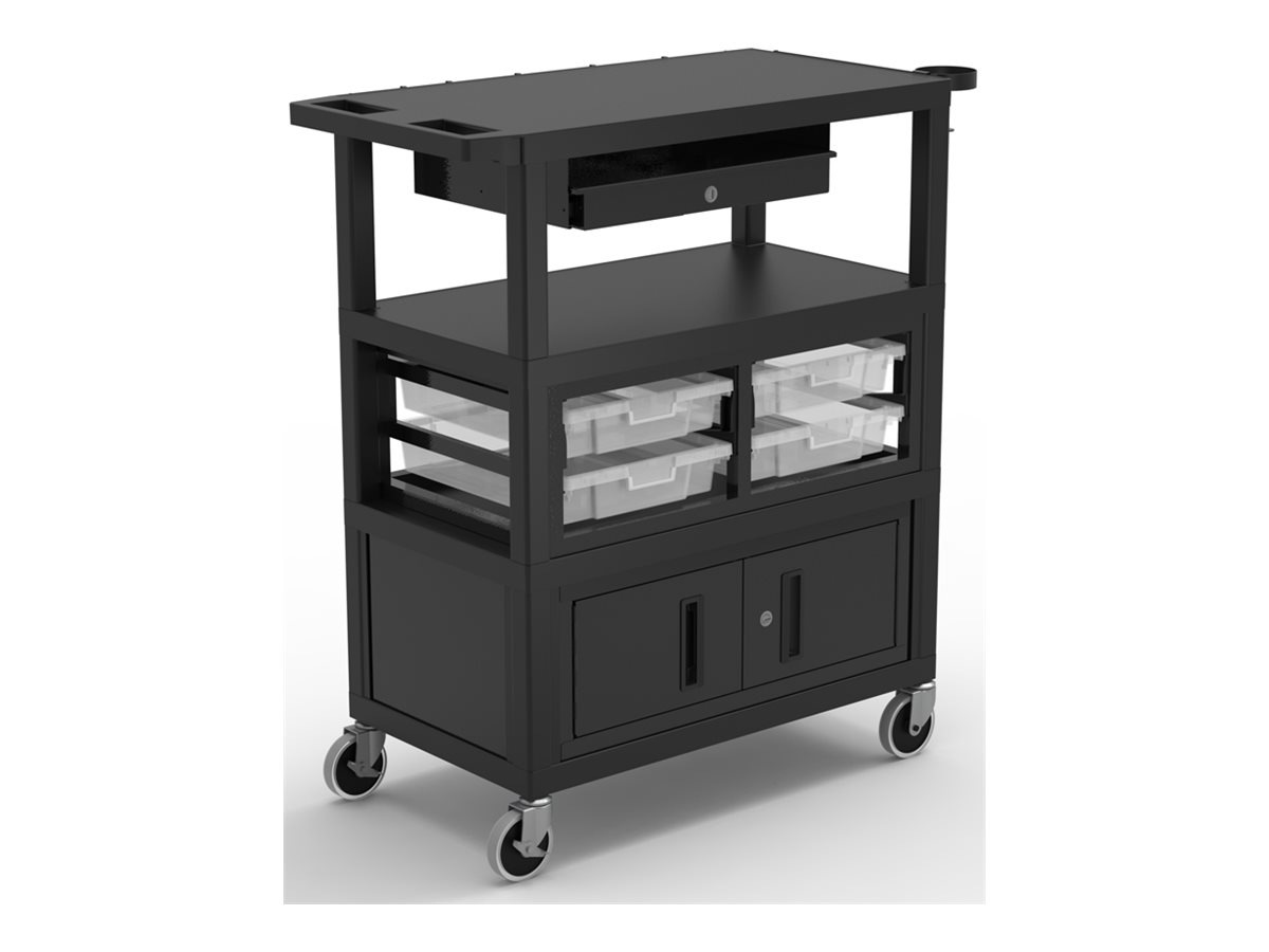 Luxor cart - 32" x 18" deluxe teacher cart with locking cabinet, storage bins, keyboard tray, pocket chart hooks, and