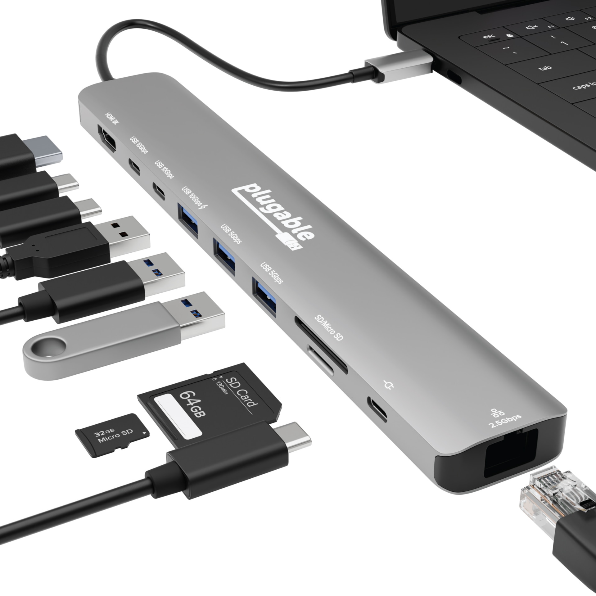 Plugable USB C Hub: 10-in-1 Multiport Adapter (8K/4K 144Hz HDMI 2.1, 2.5G Ethernet, 140W Charging, 10Gbps Data)
