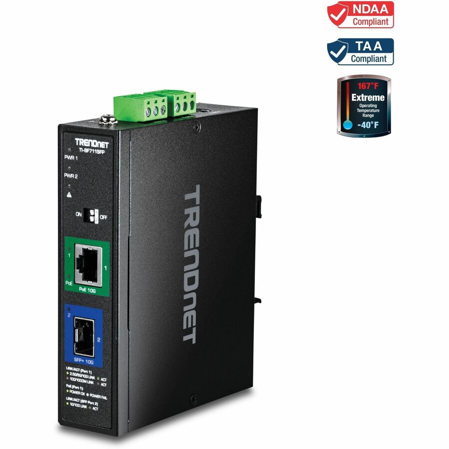 TRENDnet Industrial 10G SFP+ to 10G PoE++ Media Converter, TI-BF711SFP, Har